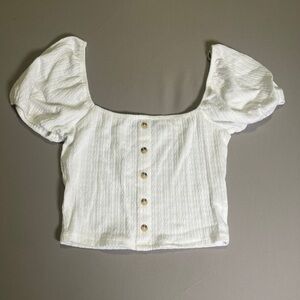 Forever 21 Puff Sleeve White and Gold Crop Blouse